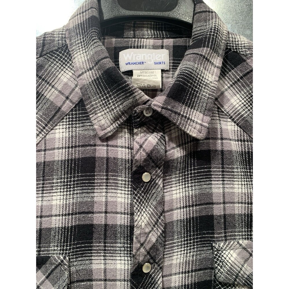 Western Mens Flannel Pearl Snap Up Shirt Wrangler WRancher Black/Gray 2XL Tall